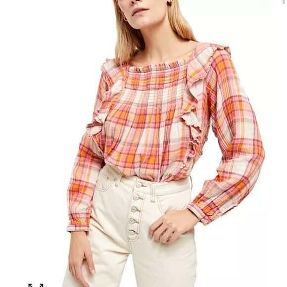 Free People Siena Plaid Pullover Blouse top‎ Size L boho - Picture 1 of 9